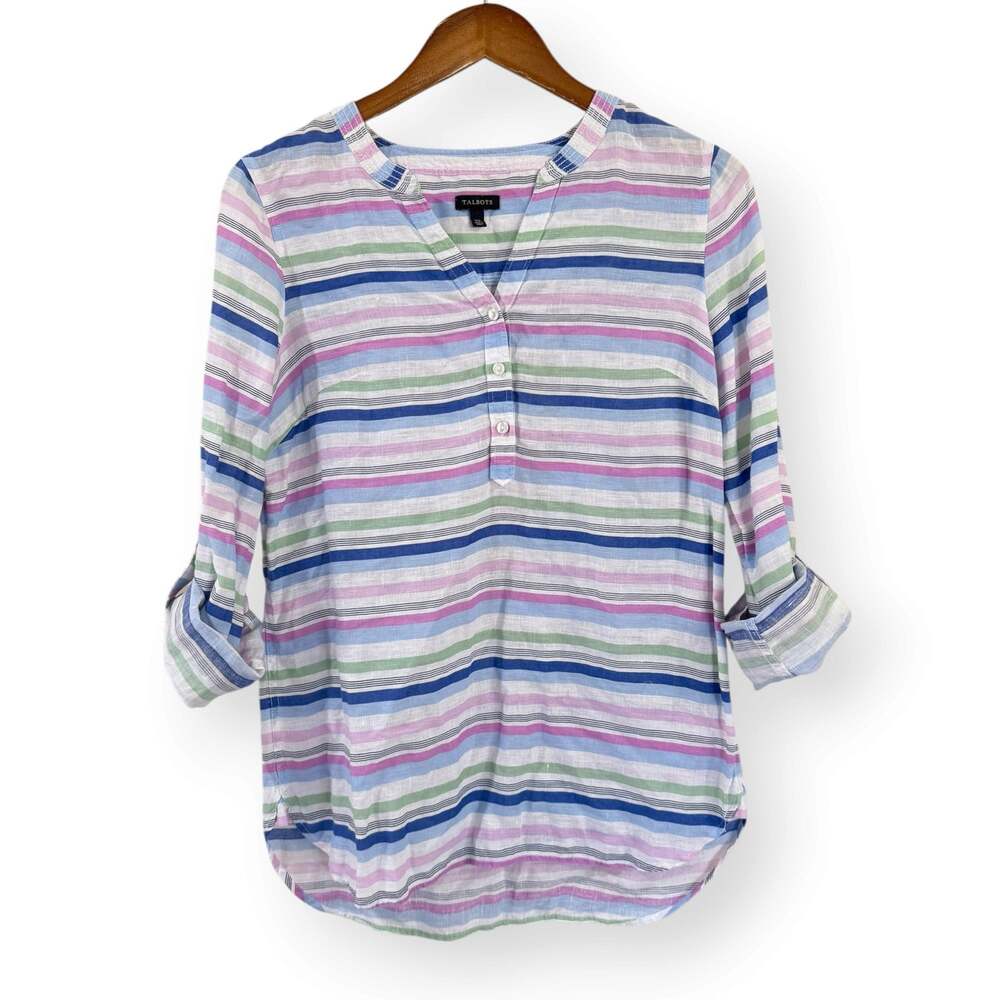 Talbots Linen Camp Shirt Popover Size M Roll Tab Long Sleeve Multicolor Stripe